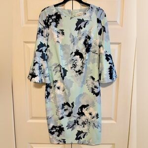 Calvin Klein Serene Floral Bell Sleeve Blue Sheath Dress